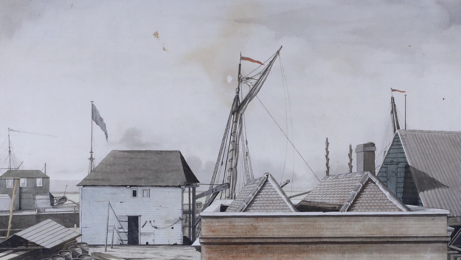 Sir Robert Cleveley (1747-1809), watercolour on laid paper, View of dockyard buildings with masts beyond, provenance label verso, 15 x 25cm